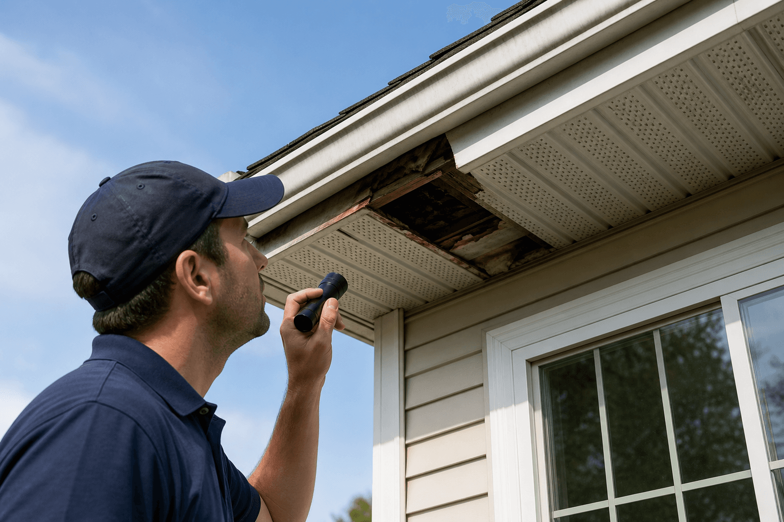 How do you spot soffit damage symptoms during a home walkthrough?