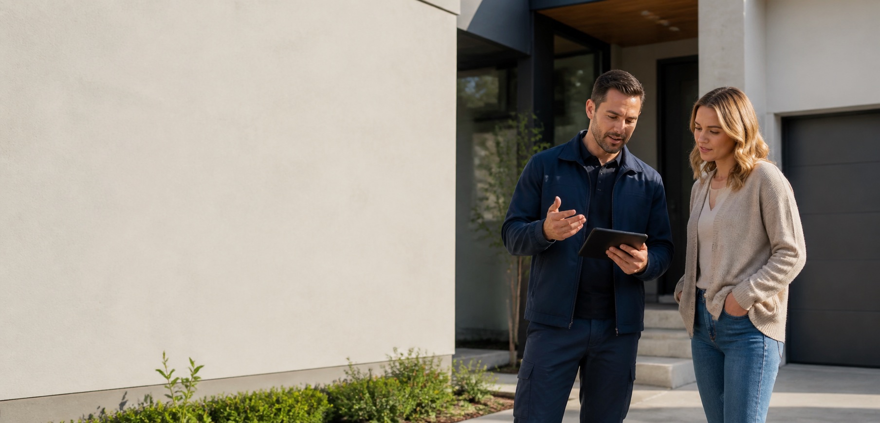Home inspector reviewing property information with a homeowner outside a modern home